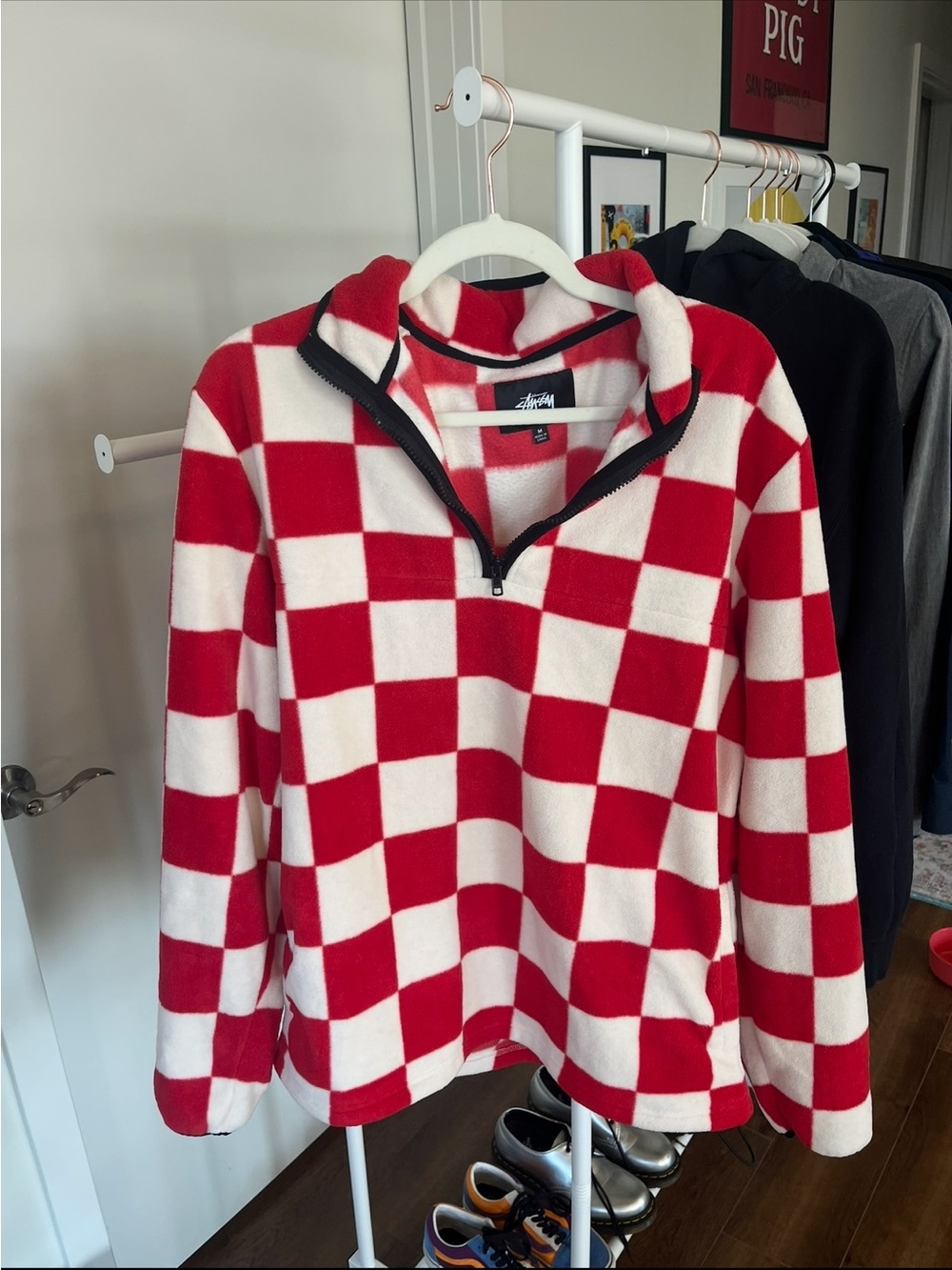 Vintage Stüssy Red & White Checkerboard Quarter-Zip Fleece Pullover